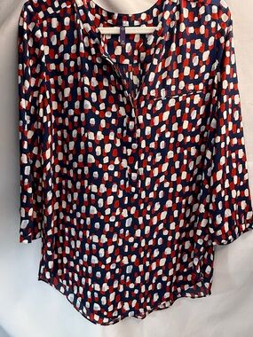 NYDJ Women’s M Navy Tunic Top with Red & White Abstract Dot Print EUC Like New